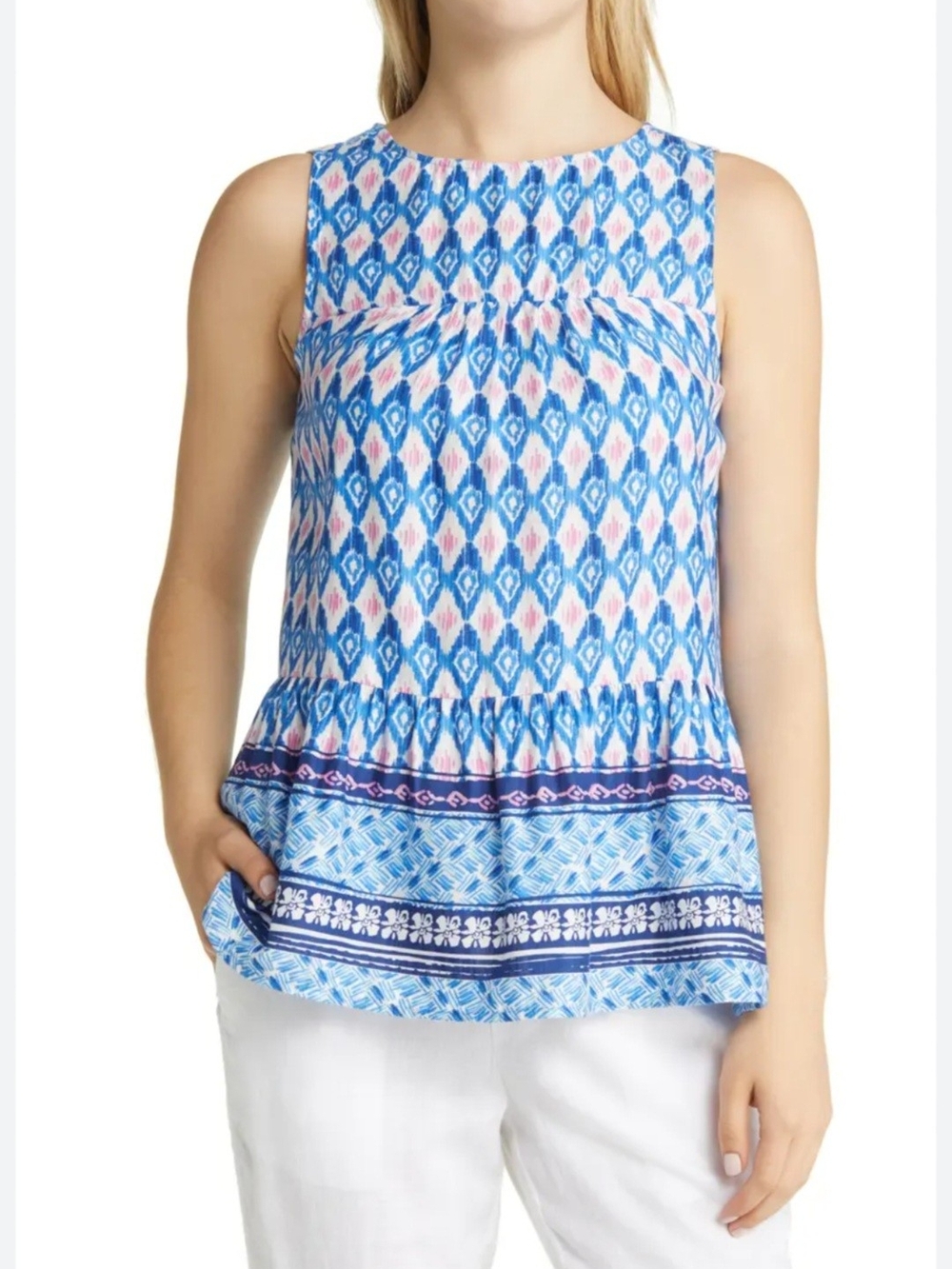 beachlunchlounge Blue and Pink Printed Sleeveless Peplum Tank Size XS